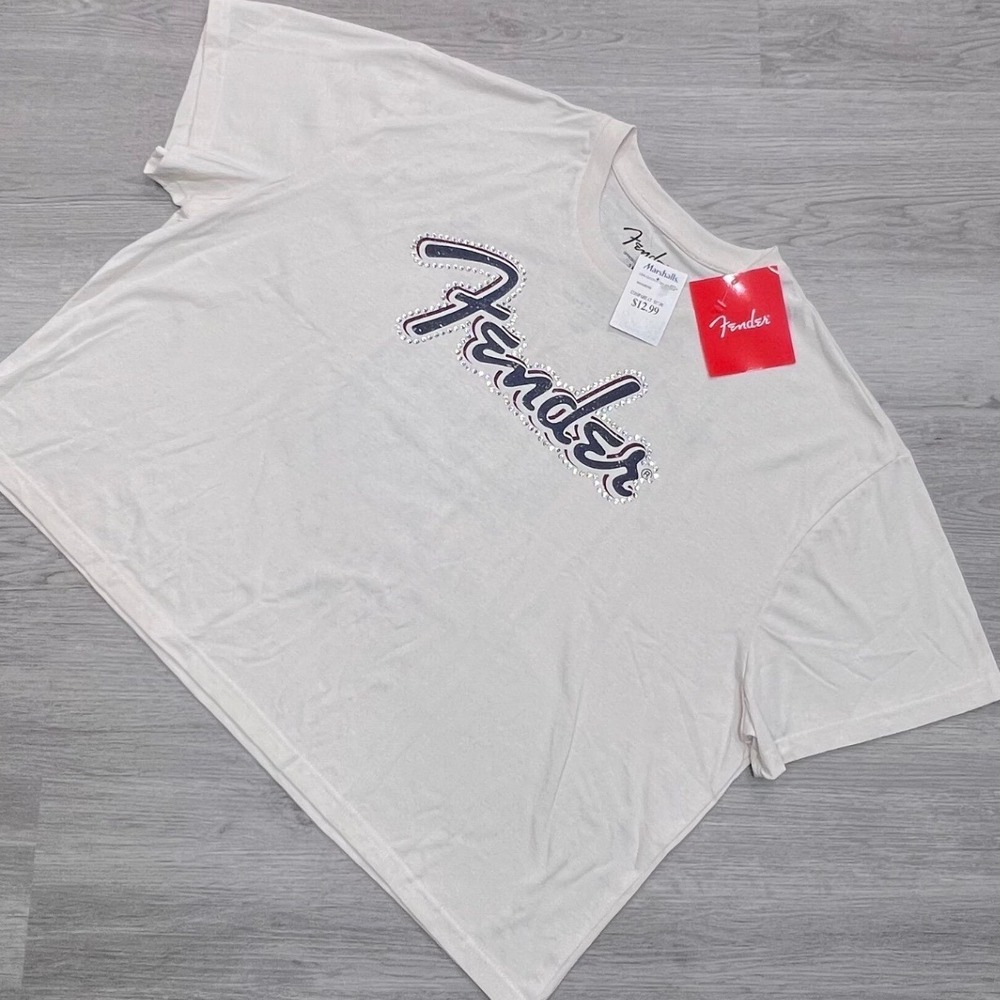 Fender Women 3X Off White Rhinestone Logo Graphic T-Shirt Guitar Back Print NEW